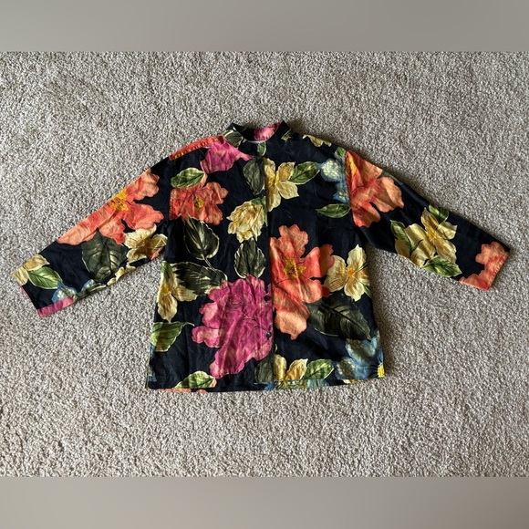 Chico's Tops - Chico's Design Size 0 Madarin Collar Lightweight Shirt Jacket Linen Blend Floral